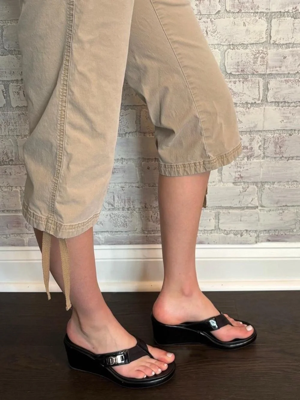 Vintage Prada Sport Black Wedge Thong Sandals with Buckle Detail